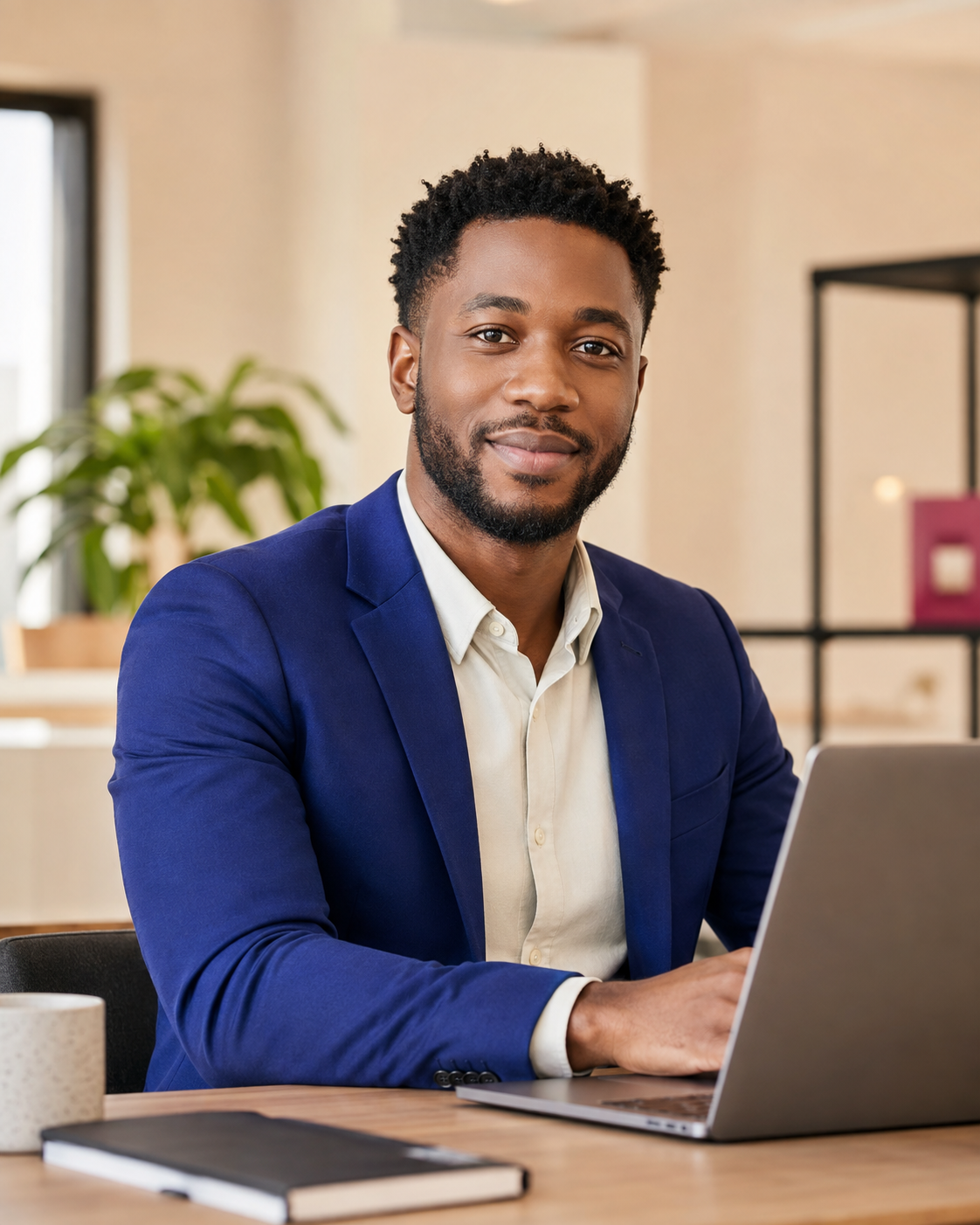 Young Black male professional in a blue blazer working at a laptop
