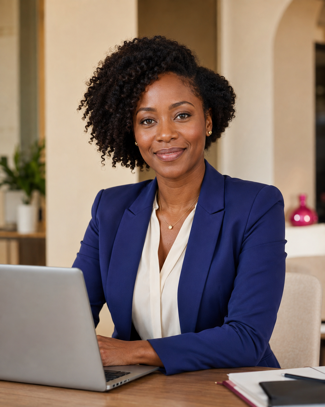 Black professional working at a laptop in a bright office